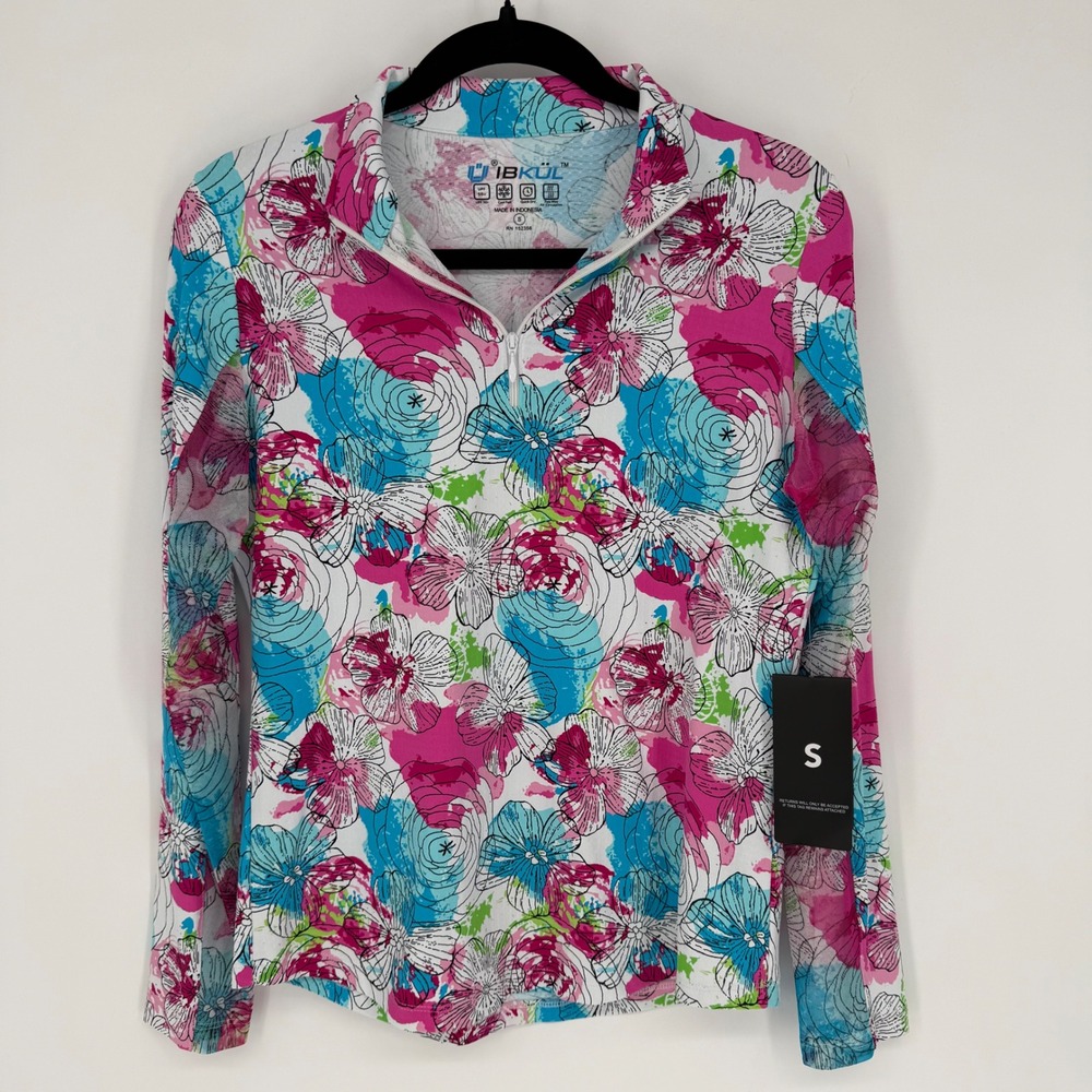 IBKUL LONG SLEEVE 1/4 ZIP MOCK NECK PADDY HOT PINK FLORAL SHIRT SMALL‎ NWT